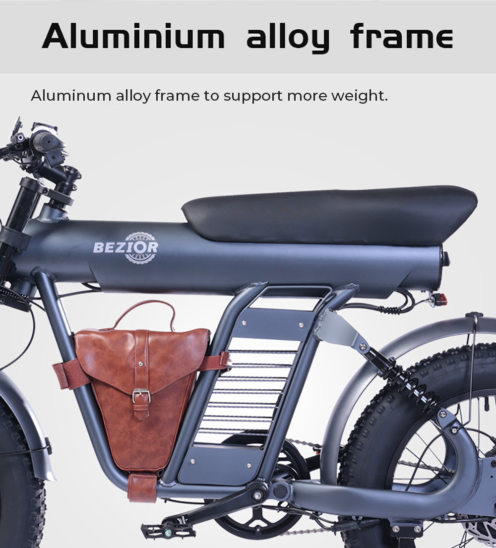 Elektrokolo BEZIOR XF006, motor 1200 W, baterie 48 V 23,2 Ah, pneumatiky 20 x 4,0 palce, maximální rychlost 47 km/h, dojezd 100 km, hydraulické olejové brzdy, pružinové odpružení, řazení Shimano 7 rychlostí, LCD displej