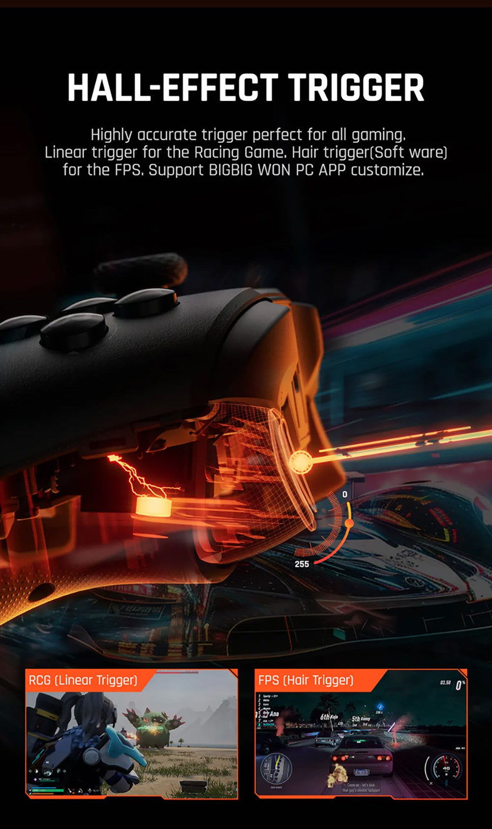 Bezdrátový herní ovladač BIGBIG WON GALE HALL, 3 režimy připojení, joysticky a spouštěče Hall, kompatibilní se Switch / PC / iOS / Android