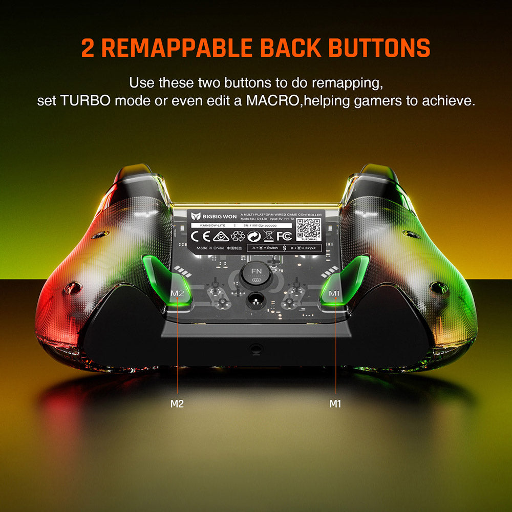 Drátový herní ovladač BIGBIG WON Rainbow Lite, RGB podsvícení, vlastní tlačítka, kompatibilní se Switch / Windows 10 a 11 PC
