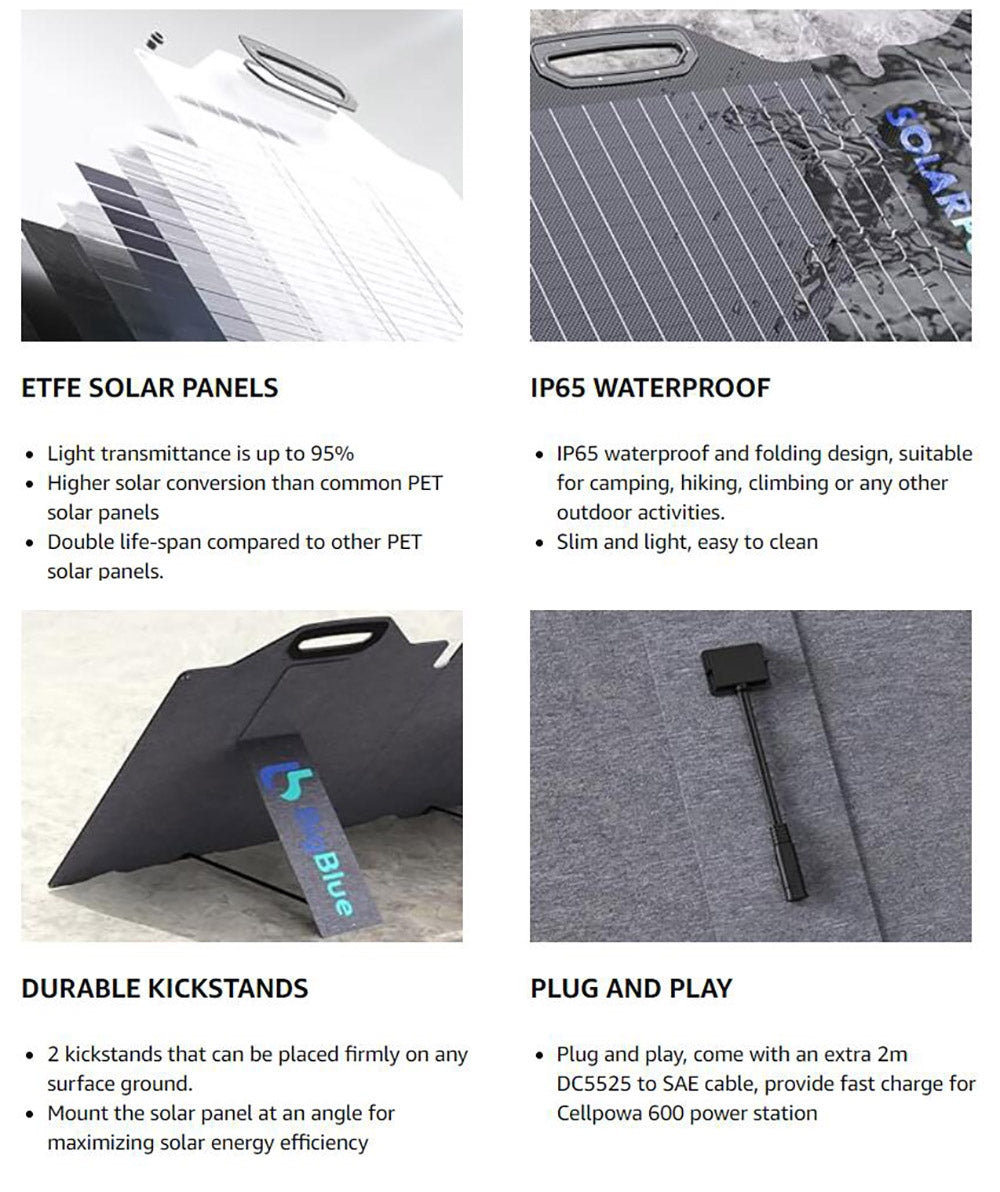 Skládací solární panel Bigblue SolarPowa 100 100W s výklopnými stojánky, 23,5% konverzní poměr energie, vodotěsný IP65