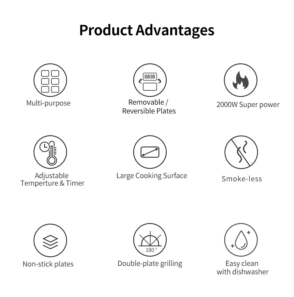 BioloMix BCG02D Elektrický kontaktní gril 2000W, odnímatelné/oboustranné a nepřilnavé desky, bezdýmný, LCD displej a digitální ovládání, otevírání o 180 stupňů