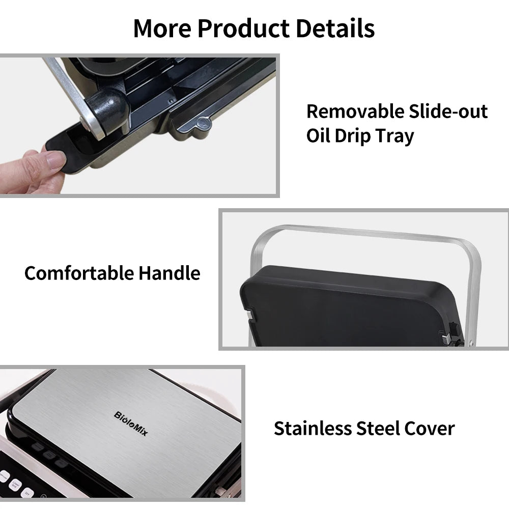 BioloMix BCG02D Elektrický kontaktní gril 2000W, odnímatelné/oboustranné a nepřilnavé desky, bezdýmný, LCD displej a digitální ovládání, otevírání o 180 stupňů
