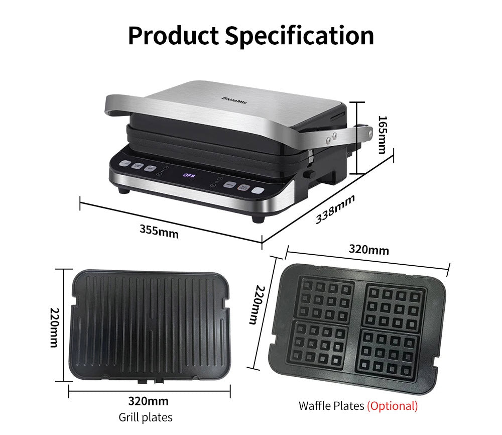 BioloMix BCG02D Elektrický kontaktní gril 2000W, odnímatelné/oboustranné a nepřilnavé desky, bezdýmný, LCD displej a digitální ovládání, otevírání o 180 stupňů