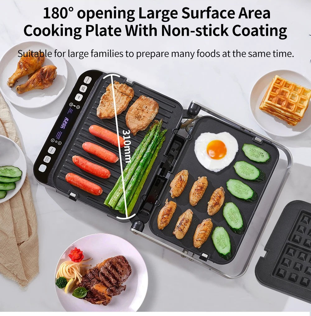 BioloMix BCG02D Elektrický kontaktní gril 2000W, odnímatelné/oboustranné a nepřilnavé desky, bezdýmný, LCD displej a digitální ovládání, otevírání o 180 stupňů