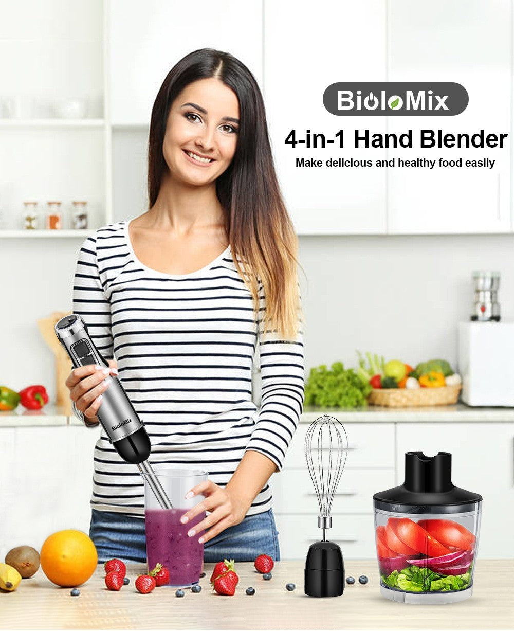Ruční mixér BioloMix BHB1200 4 v 1, 1200 W, 6 rychlostí, nerezová čepel, mísa na sekání 500 ml, kelímek na smoothie 600 ml