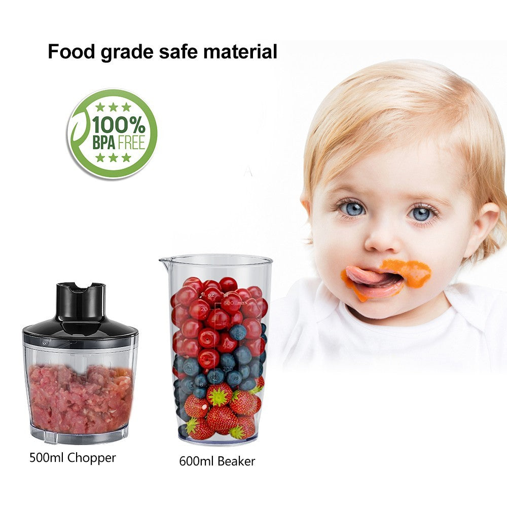 Ruční mixér BioloMix BHB1200 4 v 1, 1200 W, 6 rychlostí, nerezová čepel, mísa na sekání 500 ml, kelímek na smoothie 600 ml