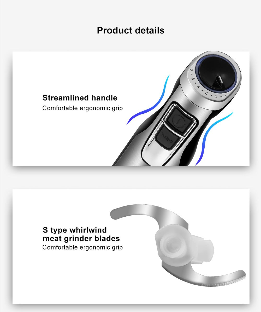 Ruční mixér BioloMix BHB1200 4 v 1, 1200 W, 6 rychlostí, nerezová čepel, mísa na sekání 500 ml, kelímek na smoothie 600 ml