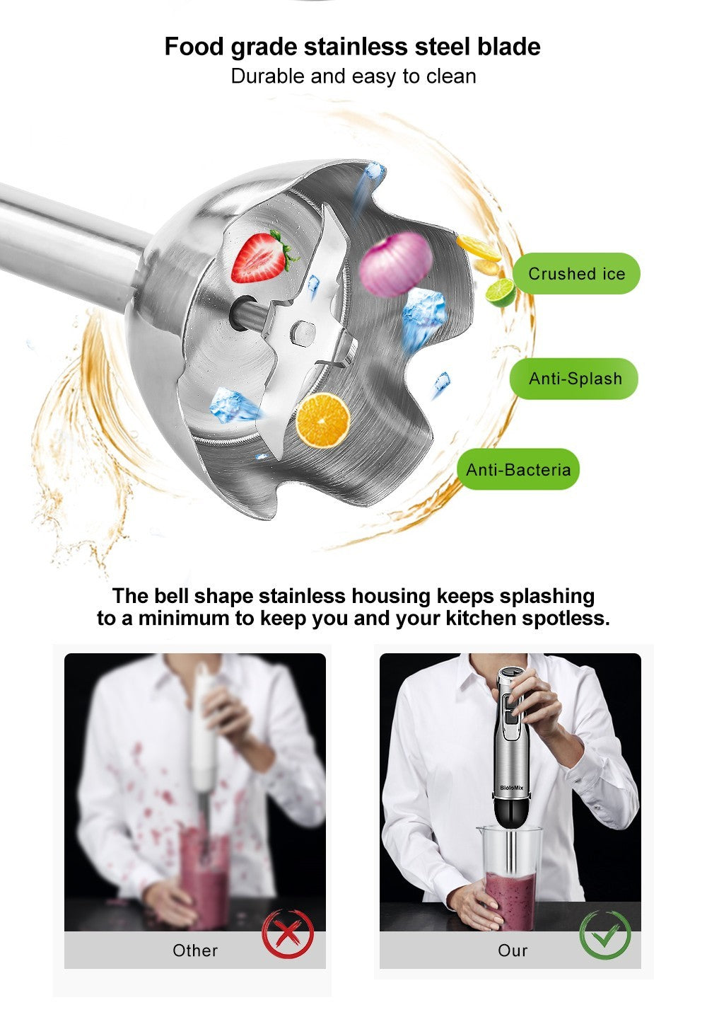 Ruční mixér BioloMix BHB1200 4 v 1, 1200 W, 6 rychlostí, nerezová čepel, mísa na sekání 500 ml, kelímek na smoothie 600 ml