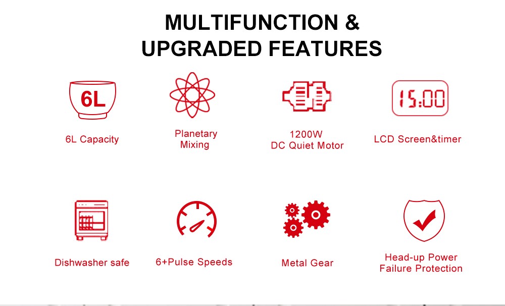 BioloMix BM601 1200W kuchyňský stojan na potraviny, metla na smetanu a vejce, hnětač těsta na dort, objem 6 l, mísa z nerezové oceli, 6 rychlostí, LED displej - šedý