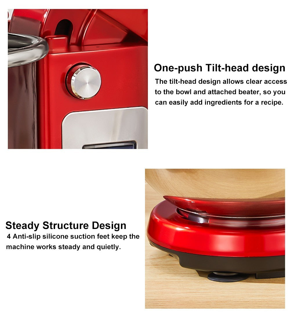 BioloMix BM601 1200W kuchyňský stojan na potraviny, metla na smetanu a vejce, hnětač těsta na dort, objem 6 l, mísa z nerezové oceli, 6 rychlostí, LED displej - šedý