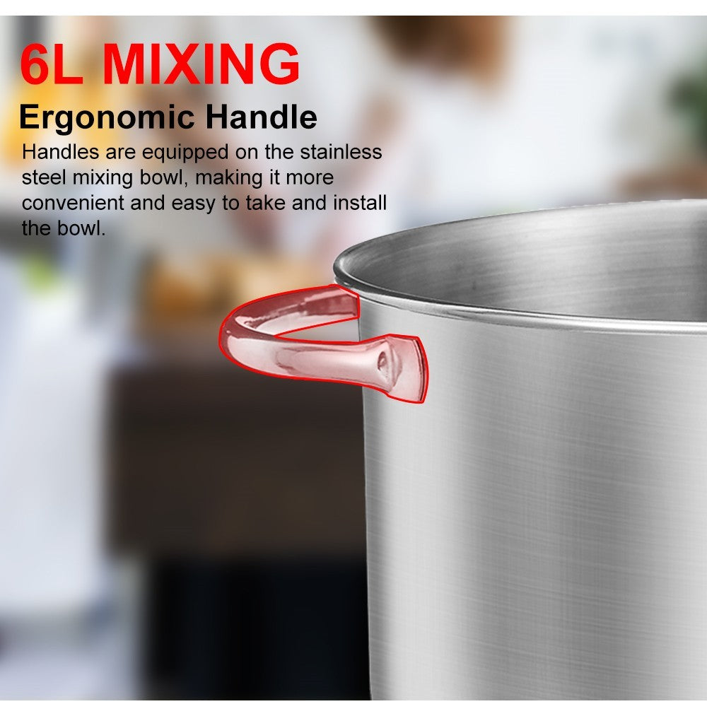 BioloMix BM601 1200W kuchyňský stojan na potraviny, metla na smetanu a vejce, hnětač těsta na dort, objem 6 l, mísa z nerezové oceli, 6 rychlostí, LED displej - šedý