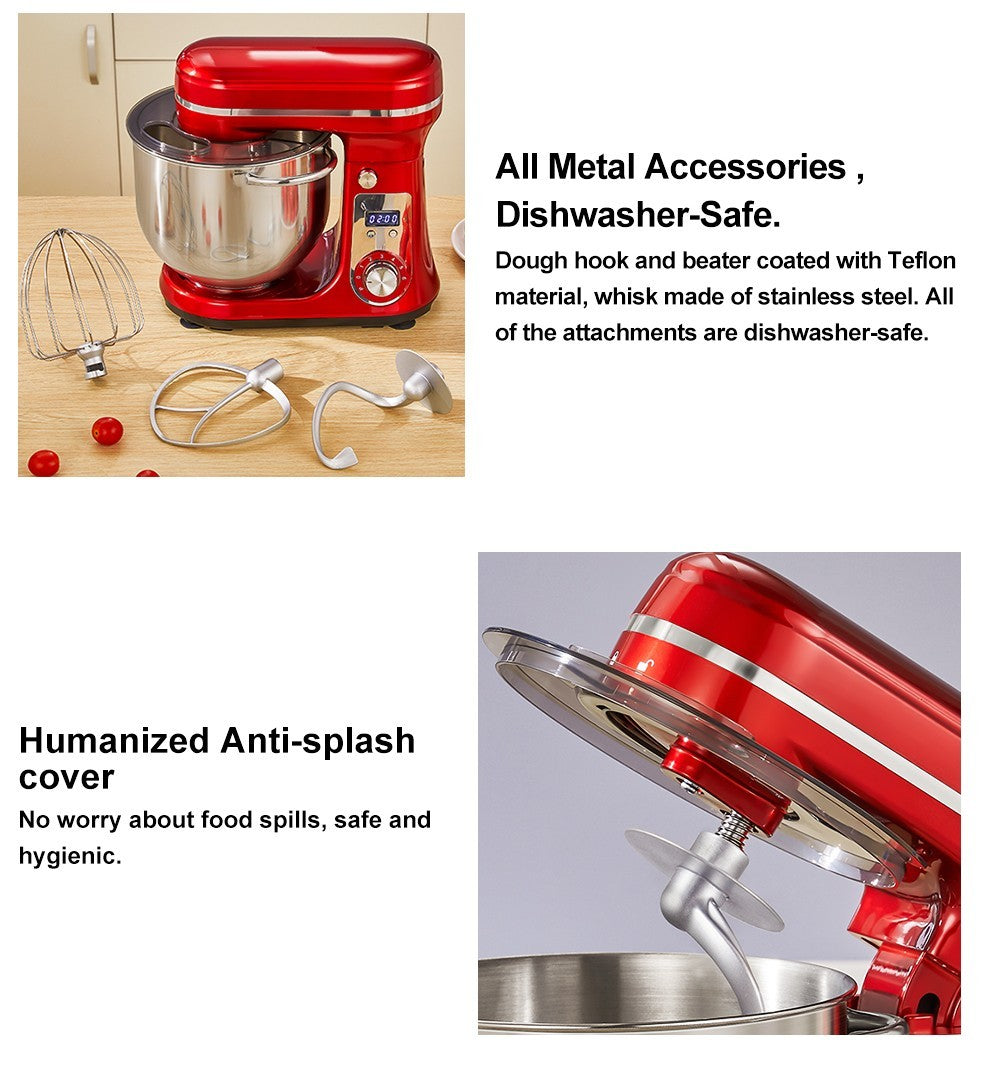 BioloMix BM601 1200W kuchyňský stojan na potraviny, metla na smetanu a vejce, hnětač těsta na dort, objem 6 l, mísa z nerezové oceli, 6 rychlostí, LED displej - šedý