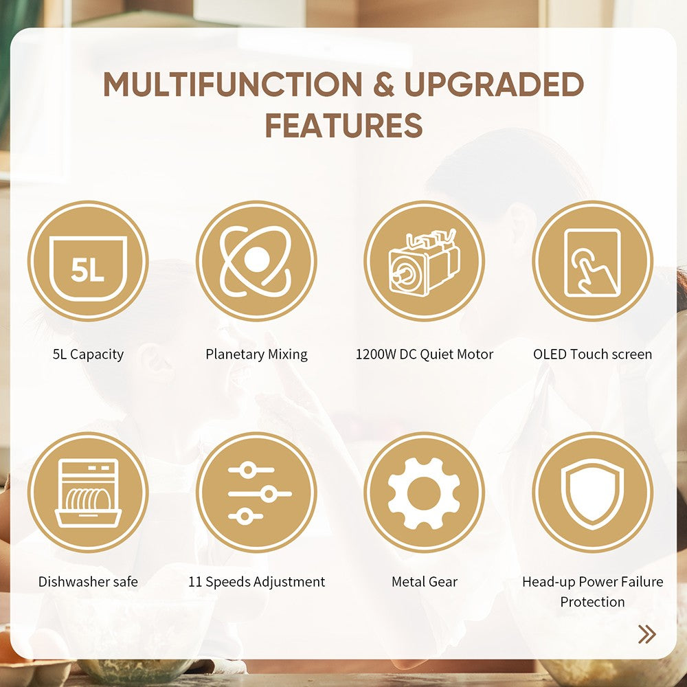 BioloMix BM602E 5l kuchyňský stolní robot, 1200W 11rychlostní stejnosměrný motor, digitální OLED displej, nízká hlučnost, s hnětacím hákem, plochým šlehačem a metlou