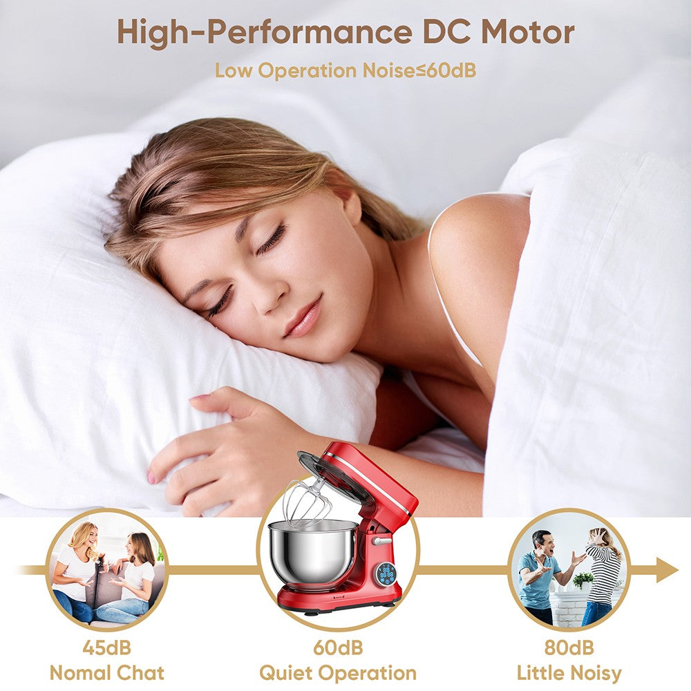 BioloMix BM602E 5l kuchyňský stolní robot, 1200W 11rychlostní stejnosměrný motor, digitální OLED displej, nízká hlučnost, s hnětacím hákem, plochým šlehačem a metlou