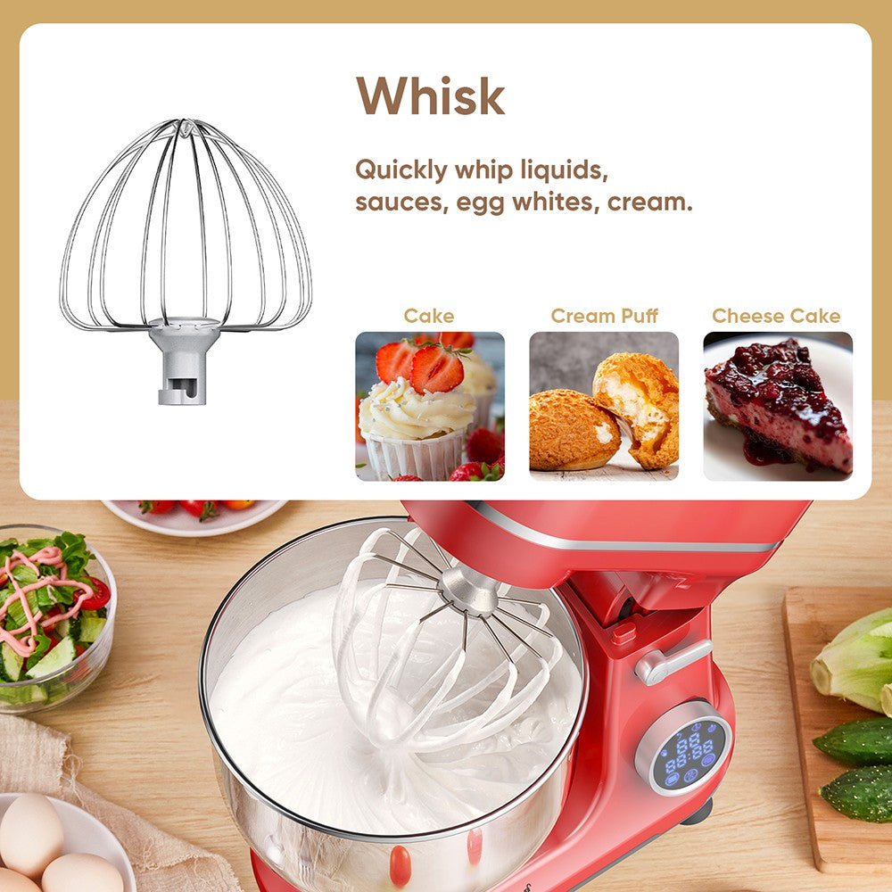 BioloMix BM602E 5l kuchyňský stolní robot, 1200W 11rychlostní stejnosměrný motor, digitální OLED displej, nízká hlučnost, s hnětacím hákem, plochým šlehačem a metlou