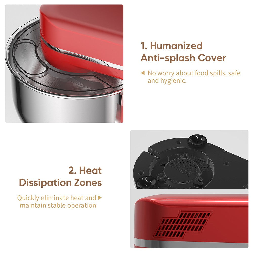 BioloMix BM602E 5l kuchyňský stolní robot, 1200W 11rychlostní stejnosměrný motor, digitální OLED displej, nízká hlučnost, s hnětacím hákem, plochým šlehačem a metlou