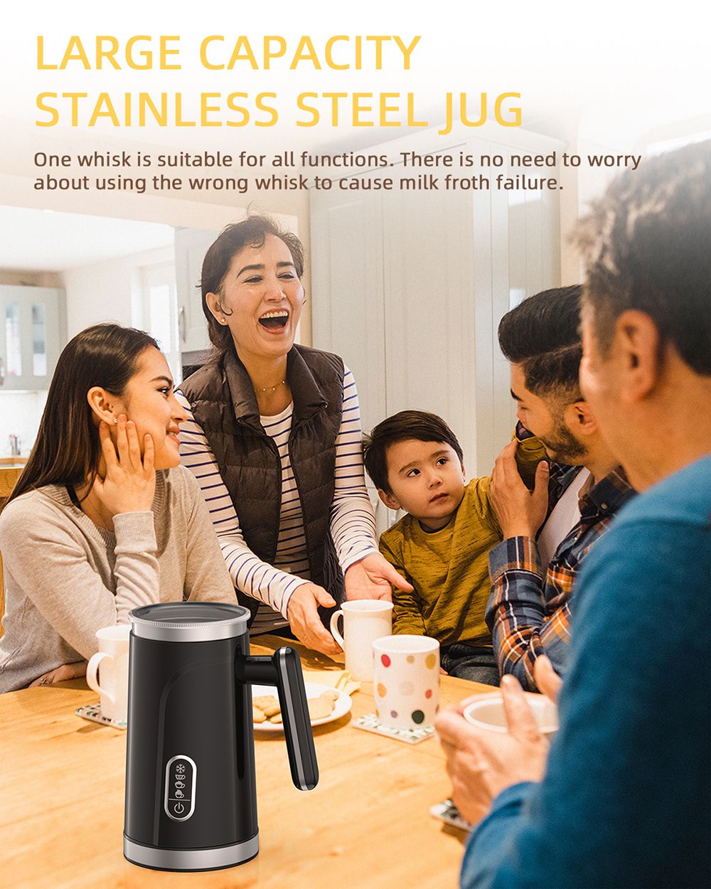 BioloMix BMF101 Elektrický napěňovač a ohřívač mléka 4 v 1, automatický na horké a studené mléko, na latte, pěnidlo, horkou čokoládu, cappuccino - černý