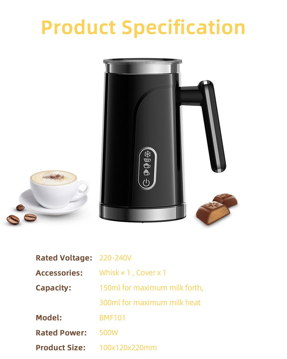 BioloMix BMF101 Elektrický napěňovač a ohřívač mléka 4 v 1, automatický na horké a studené mléko, na latte, pěnidlo, horkou čokoládu, cappuccino - černý