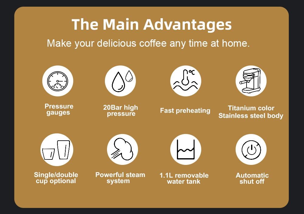 Poloautomatický kávovar BioloMix CM7008 s tryskou na napěňování mléka, tlak 20 barů, nádržka na vodu 1,1 l, jeden/dvojitý šálek