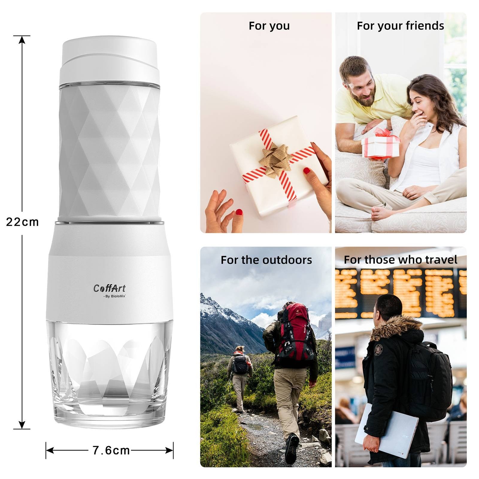 Přenosný kávovar BioloMix HS8439, tlak 13-18 barů, ruční lis na kapsle, mletá káva, nádoba na vodu 80 ml, na cesty a piknik - černý