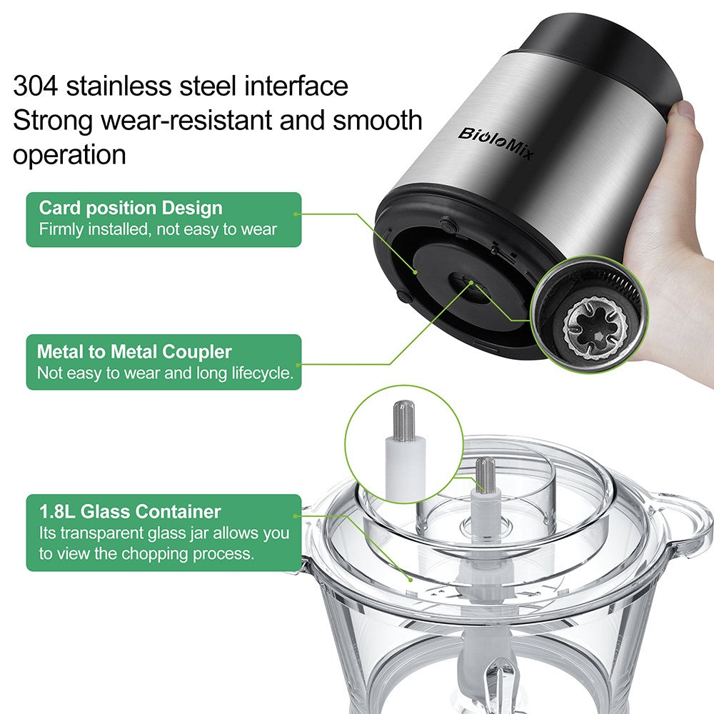 Elektrický sekáček na maso BioloMix P6001 500W, skleněná mísa 1,8 l, kuchyňský robot, mlýnek, dvě rychlosti, na zeleninu, cibuli a česnek