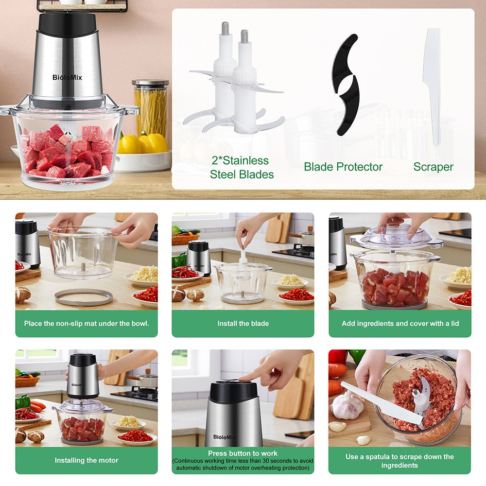 Elektrický sekáček na maso BioloMix P6001 500W, skleněná mísa 1,8 l, kuchyňský robot, mlýnek, dvě rychlosti, na zeleninu, cibuli a česnek