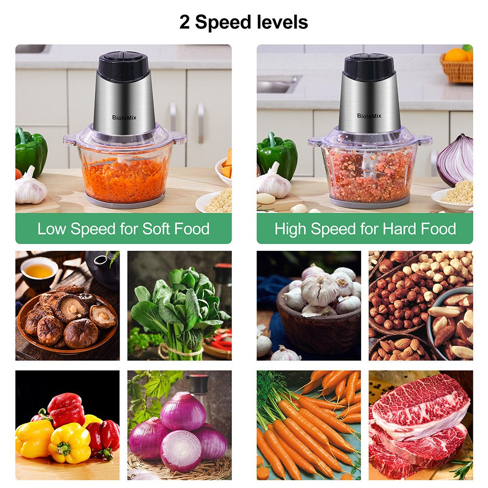 Elektrický sekáček na maso BioloMix P6001 500W, skleněná mísa 1,8 l, kuchyňský robot, mlýnek, dvě rychlosti, na zeleninu, cibuli a česnek