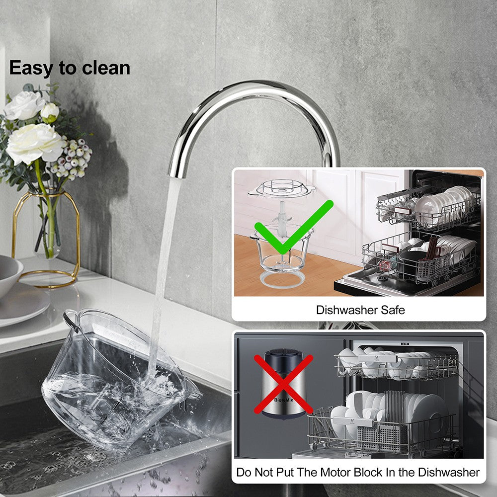 Elektrický sekáček na maso BioloMix P6001 500W, skleněná mísa 1,8 l, kuchyňský robot, mlýnek, dvě rychlosti, na zeleninu, cibuli a česnek