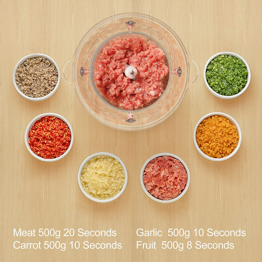 Elektrický sekáček na maso BioloMix P6001 500W, skleněná mísa 1,8 l, kuchyňský robot, mlýnek, dvě rychlosti, na zeleninu, cibuli a česnek