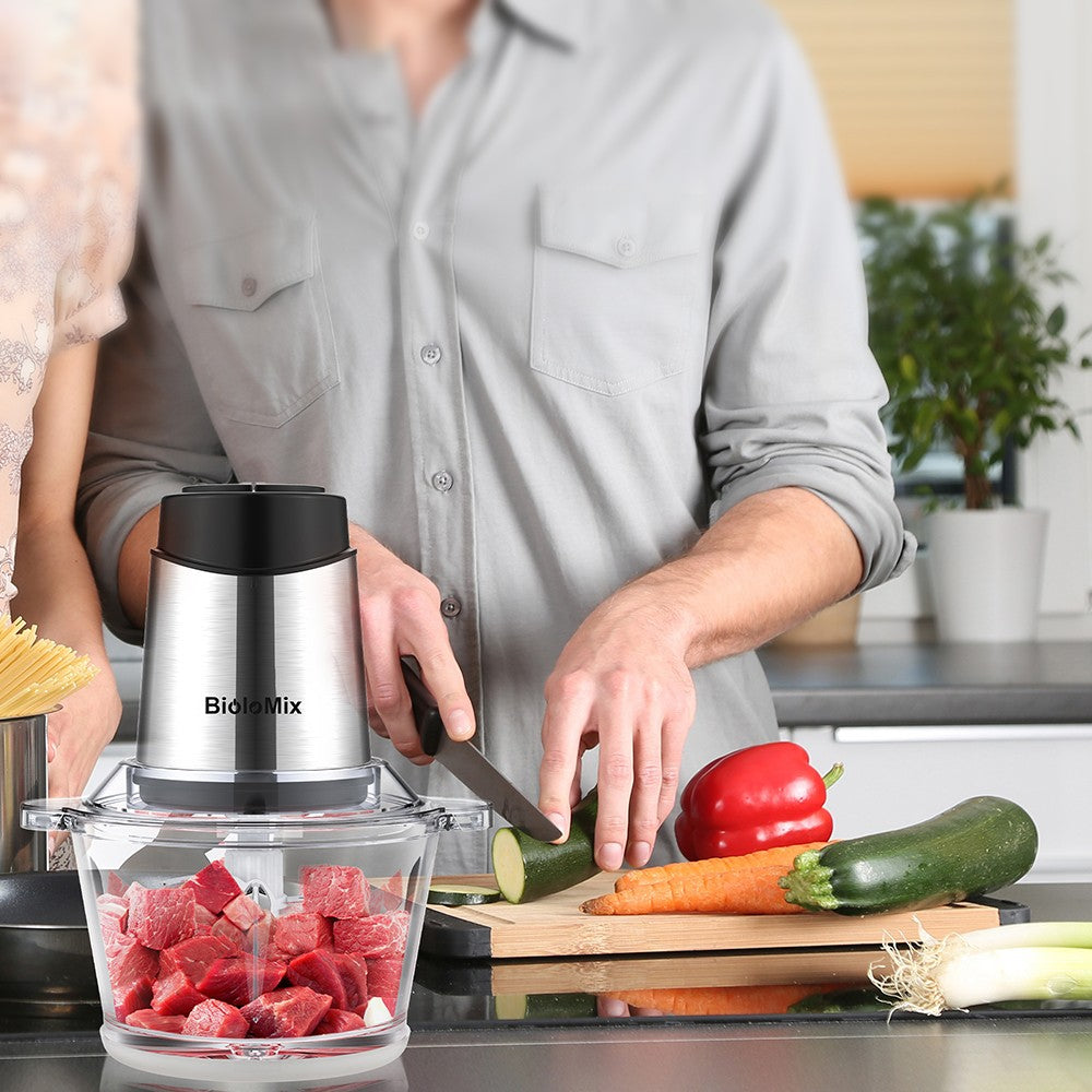 Elektrický sekáček na maso BioloMix P6001 500W, skleněná mísa 1,8 l, kuchyňský robot, mlýnek, dvě rychlosti, na zeleninu, cibuli a česnek