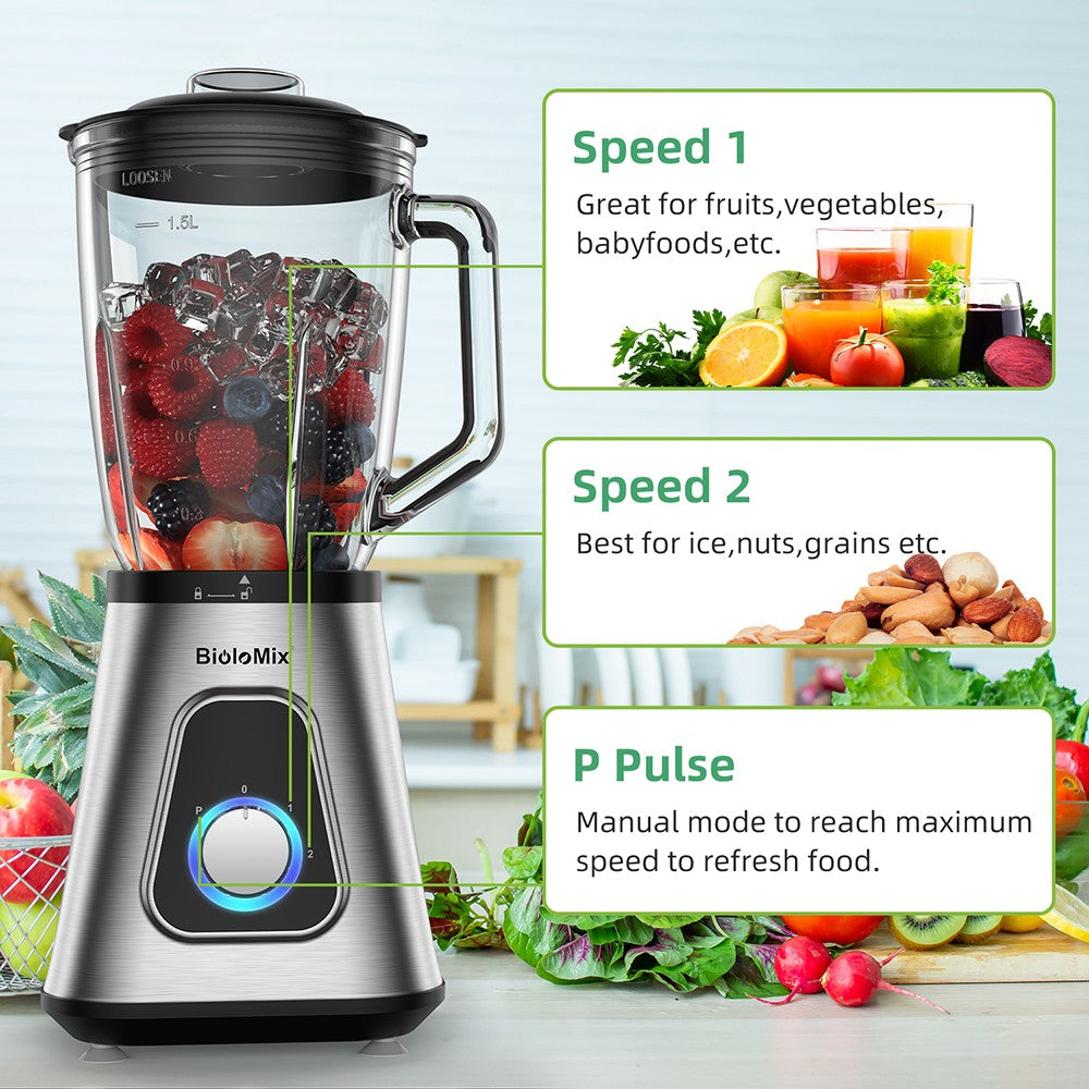 Smoothie mixér BioloMix SF701 1300W s 1,5l skleněnou nádobou, 2 rychlostními stupni a pulzní funkcí