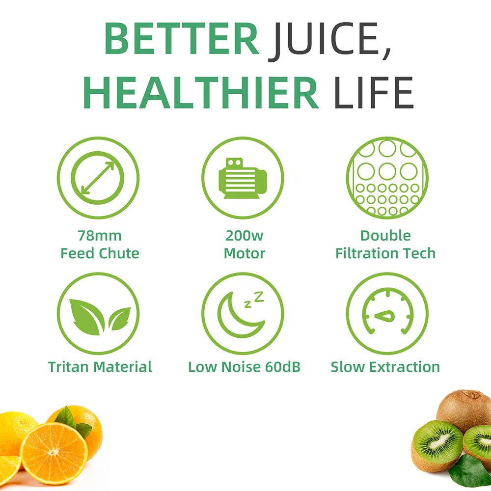 Odšťavňovač BioloMix s lisováním za studena, s plnicím otvorem 78 mm/3,07 palce, výkonným motorem 200 W 40–65 ot./min, tichým a pomalým žvýkacím strojkem