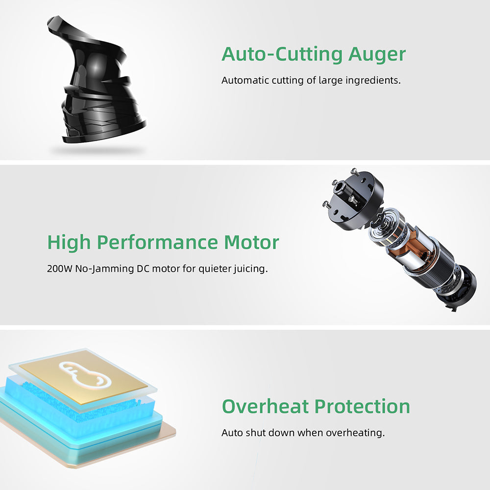 Odšťavňovač BioloMix s lisováním za studena, s plnicím otvorem 78 mm/3,07 palce, výkonným motorem 200 W 40–65 ot./min, tichým a pomalým žvýkacím strojkem