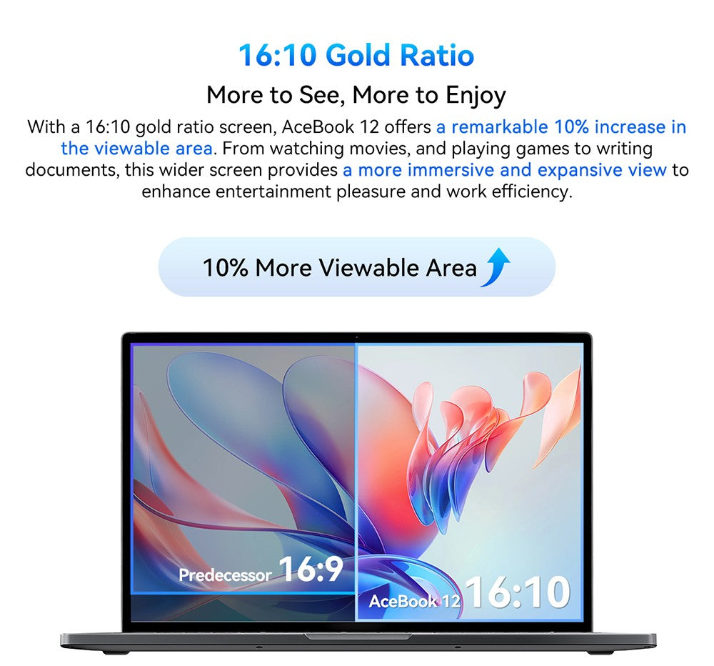 Notebook Blackview Acebook 12, 16palcový IPS displej s rozlišením 1920*1200, Intel Core i5-1030NG7, 4 jádra (max. 3,5 GHz), 16 GB RAM, 512 GB SSD, WiFi 5 a Bluetooth 4.2, 1 plně vybavený port typu C, 2 USB 3.2, 1 USB 2.0, 1 HDMI, 1 SD karta, 1 audio konektor, baterie 57 Wh