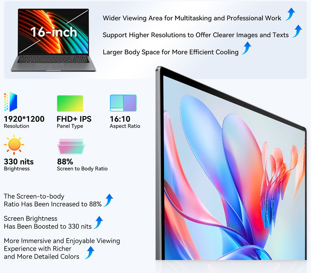 Notebook Blackview Acebook 12, 16palcový IPS displej s rozlišením 1920*1200, Intel Core i5-1030NG7, 4 jádra (max. 3,5 GHz), 16 GB RAM, 512 GB SSD, WiFi 5 a Bluetooth 4.2, 1 plně vybavený port typu C, 2 USB 3.2, 1 USB 2.0, 1 HDMI, 1 SD karta, 1 audio konektor, baterie 57 Wh