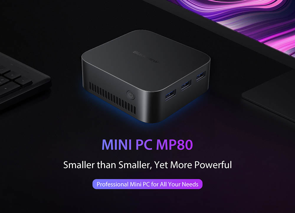 Mini PC Blackview MP80, Intel N95 4 jádra až 3,4 GHz, 16 GB RAM LPDDR5, 512 GB SSD, 3x HDMI displej se třemi displeji, 2,4/5 GHz dvoupásmová WiFi Bluetooth 4.2, 3x USB 3.0, 2x RJ45, 1x 3,5mm HP/MIC TRRS