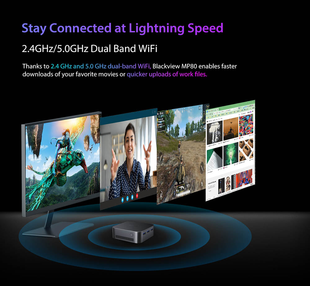 Mini PC Blackview MP80, Intel N95 4 jádra až 3,4 GHz, 16 GB RAM LPDDR5, 512 GB SSD, 3x HDMI displej se třemi displeji, 2,4/5 GHz dvoupásmová WiFi Bluetooth 4.2, 3x USB 3.0, 2x RJ45, 1x 3,5mm HP/MIC TRRS