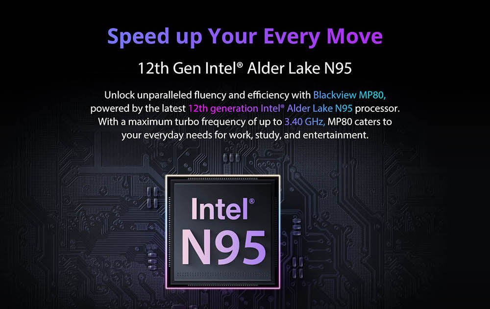 Mini PC Blackview MP80, Intel N95 4 jádra až 3,4 GHz, 16 GB RAM LPDDR5, 512 GB SSD, 3x HDMI displej se třemi displeji, 2,4/5 GHz dvoupásmová WiFi Bluetooth 4.2, 3x USB 3.0, 2x RJ45, 1x 3,5mm HP/MIC TRRS
