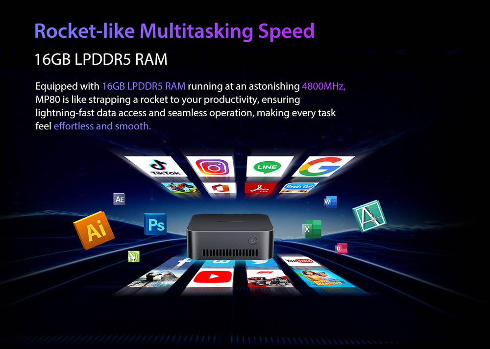 Mini PC Blackview MP80, Intel N95 4 jádra až 3,4 GHz, 16 GB RAM LPDDR5, 512 GB SSD, 3x HDMI displej se třemi displeji, 2,4/5 GHz dvoupásmová WiFi Bluetooth 4.2, 3x USB 3.0, 2x RJ45, 1x 3,5mm HP/MIC TRRS