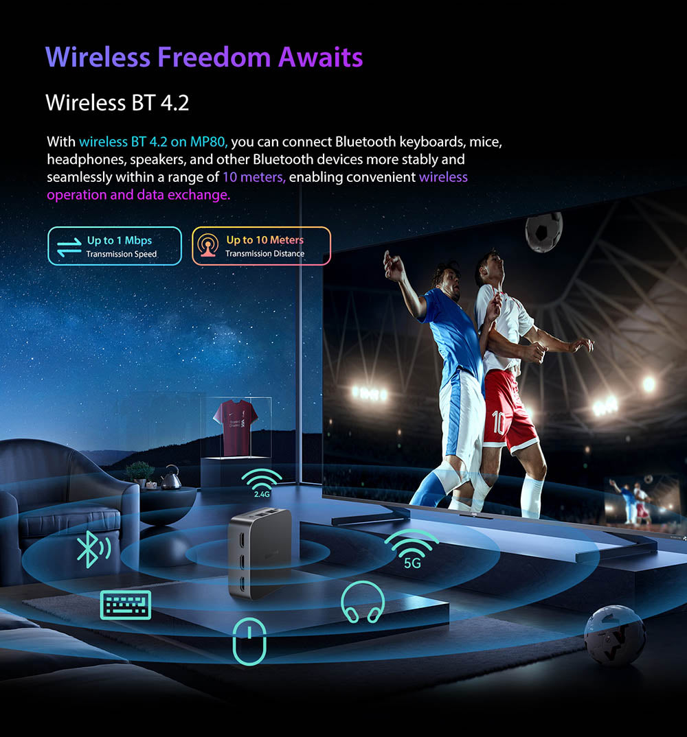 Mini PC Blackview MP80, Intel N95 4 jádra až 3,4 GHz, 16 GB RAM LPDDR5, 512 GB SSD, 3x HDMI displej se třemi displeji, 2,4/5 GHz dvoupásmová WiFi Bluetooth 4.2, 3x USB 3.0, 2x RJ45, 1x 3,5mm HP/MIC TRRS