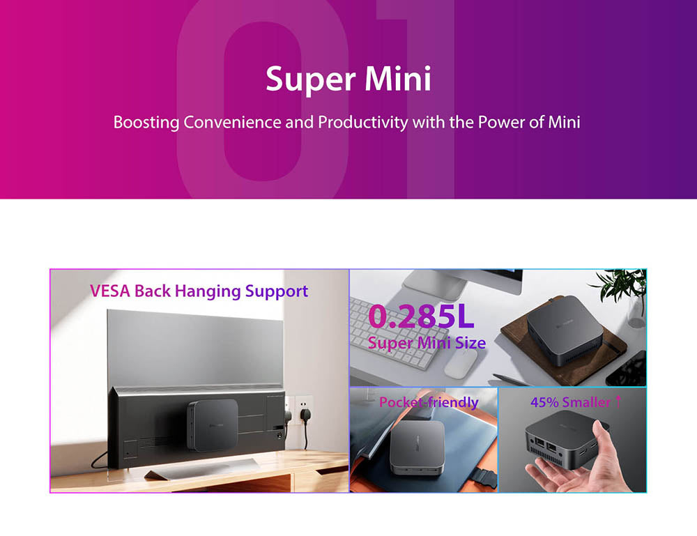 Mini PC Blackview MP80, Intel N95 4 jádra až 3,4 GHz, 16 GB RAM LPDDR5, 512 GB SSD, 3x HDMI displej se třemi displeji, 2,4/5 GHz dvoupásmová WiFi Bluetooth 4.2, 3x USB 3.0, 2x RJ45, 1x 3,5mm HP/MIC TRRS