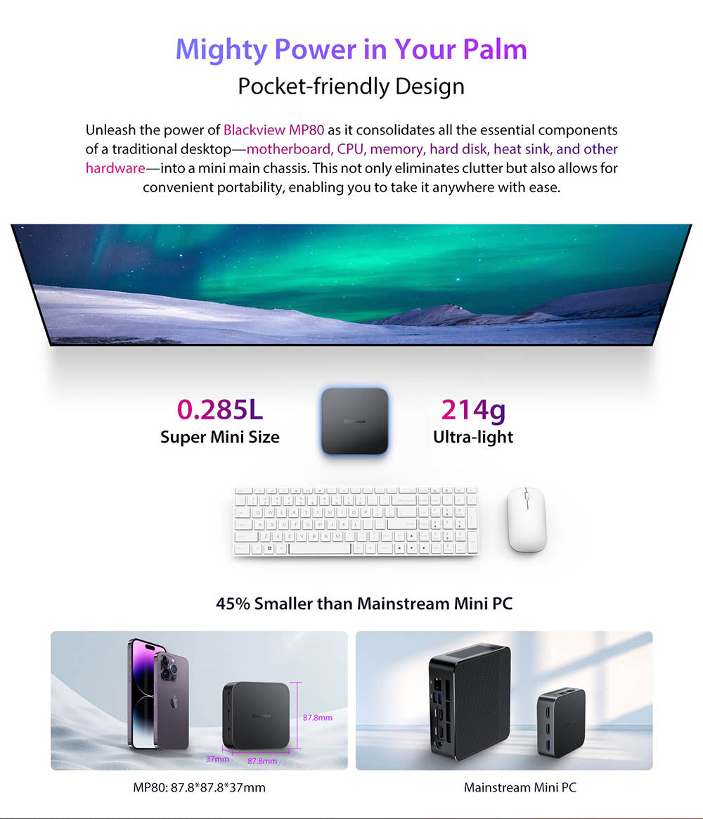 Mini PC Blackview MP80, Intel N95 4 jádra až 3,4 GHz, 16 GB RAM LPDDR5, 512 GB SSD, 3x HDMI displej se třemi displeji, 2,4/5 GHz dvoupásmová WiFi Bluetooth 4.2, 3x USB 3.0, 2x RJ45, 1x 3,5mm HP/MIC TRRS