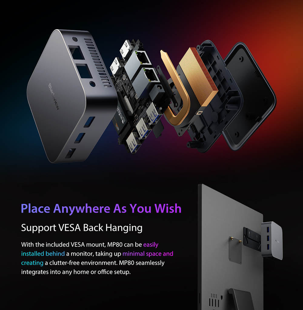 Mini PC Blackview MP80, Intel N95 4 jádra až 3,4 GHz, 16 GB RAM LPDDR5, 512 GB SSD, 3x HDMI displej se třemi displeji, 2,4/5 GHz dvoupásmová WiFi Bluetooth 4.2, 3x USB 3.0, 2x RJ45, 1x 3,5mm HP/MIC TRRS