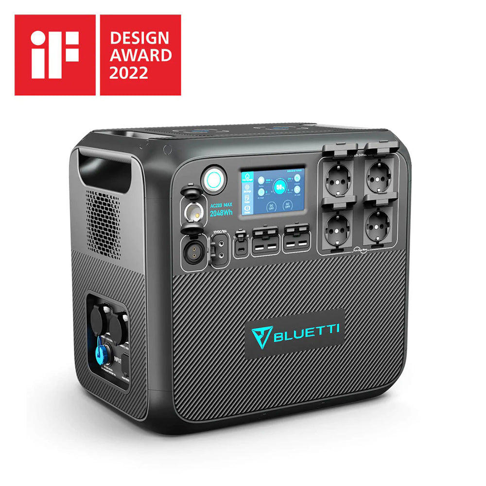 Přenosná elektrárna BLUETTI AC200MAX 2200W, solární generátor s LiFePO4 bateriemi 2048Wh, se 4 AC zásuvkami 2200W (špička 4800W), rozšiřitelná až na 8192Wh, čistá sinusová vlna, výstup 30A pro obytné vozy, nouzový generátor pro venkovní použití, ovládání aplikací - zástrčka EU