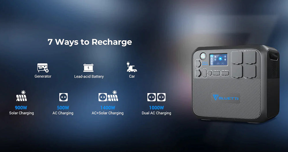 Přenosná elektrárna BLUETTI AC200MAX 2200W, solární generátor s LiFePO4 bateriemi 2048Wh, se 4 AC zásuvkami 2200W (špička 4800W), rozšiřitelná až na 8192Wh, čistá sinusová vlna, výstup 30A pro obytné vozy, nouzový generátor pro venkovní použití, ovládání aplikací - zástrčka EU