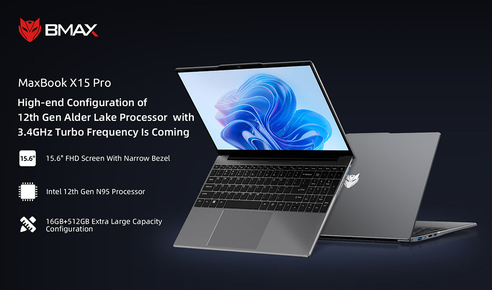 Notebook BMAX X15 Pro, 15,6 palcový IPS displej s rozlišením 1920*1080, Intel N95, 4 jádra, max. 3,4 GHz, 16 GB RAM, 512 GB SSD, WiFi 5, Bluetooth 5.0, baterie 5000 mAh, 1x USB 3.2, 1x Mini HDMI, 1x slot pro Micro SD kartu, 1x konektor pro sluchátka, klávesnice plné velikosti