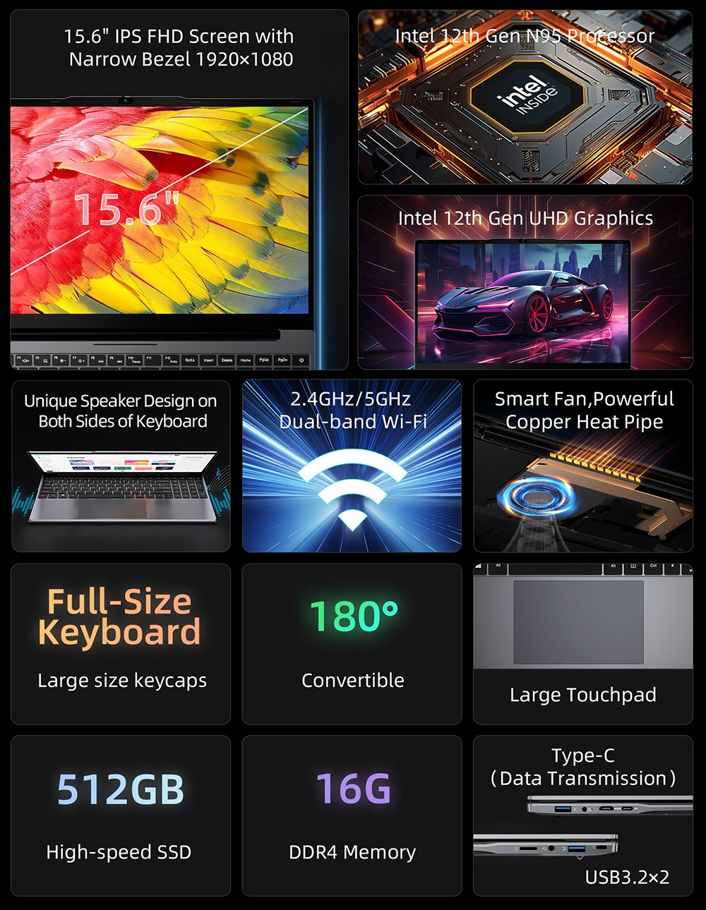 Notebook BMAX X15 Pro, 15,6 palcový IPS displej s rozlišením 1920*1080, Intel N95, 4 jádra, max. 3,4 GHz, 16 GB RAM, 512 GB SSD, WiFi 5, Bluetooth 5.0, baterie 5000 mAh, 1x USB 3.2, 1x Mini HDMI, 1x slot pro Micro SD kartu, 1x konektor pro sluchátka, klávesnice plné velikosti