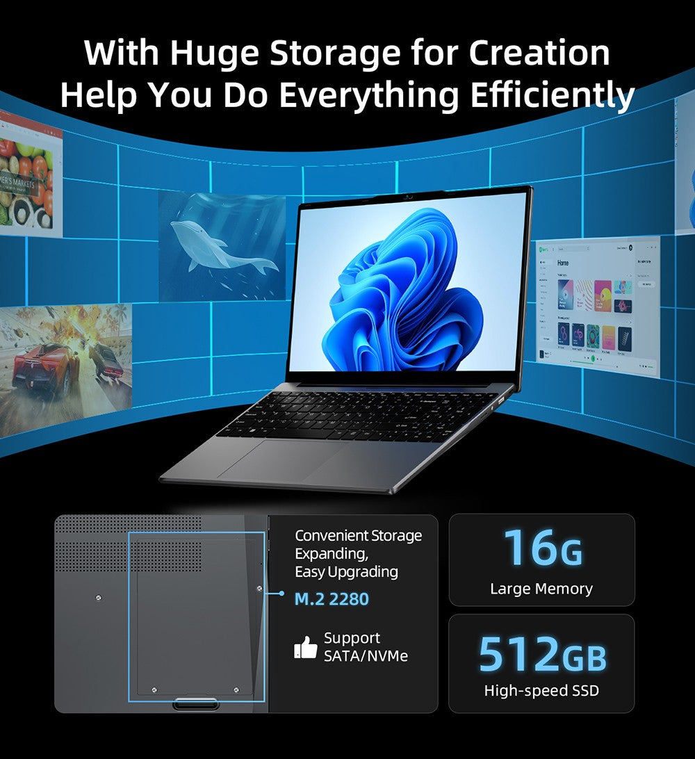 Notebook BMAX X15 Pro, 15,6 palcový IPS displej s rozlišením 1920*1080, Intel N95, 4 jádra, max. 3,4 GHz, 16 GB RAM, 512 GB SSD, WiFi 5, Bluetooth 5.0, baterie 5000 mAh, 1x USB 3.2, 1x Mini HDMI, 1x slot pro Micro SD kartu, 1x konektor pro sluchátka, klávesnice plné velikosti