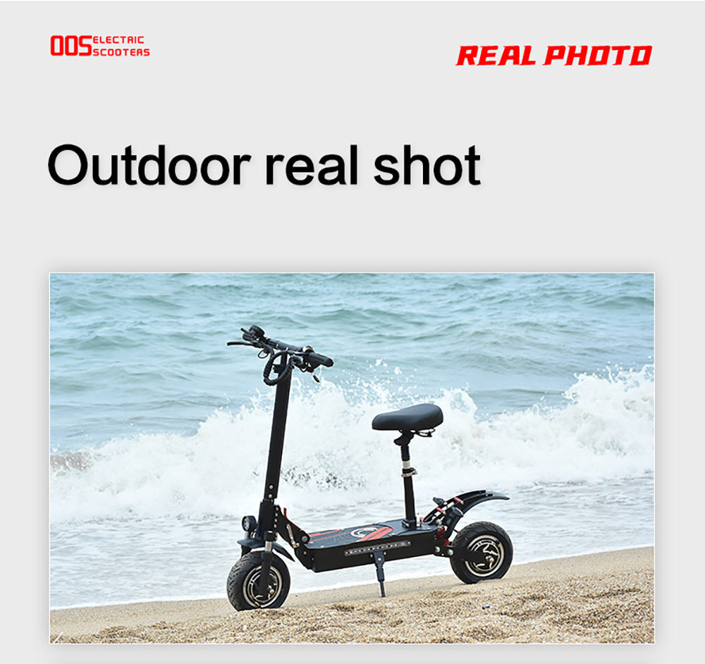 Elektrická koloběžka BOYUEDA Q7 Pro, motor 2*1600 W, baterie 52 V 19 Ah, pneumatiky 10 palců, maximální rychlost 70 km/h, dojezd 70 km, dvojité hydraulické kotoučové brzdy, přední hydraulický tlumič a zadní pružinový tlumič, ovládání pomocí aplikace