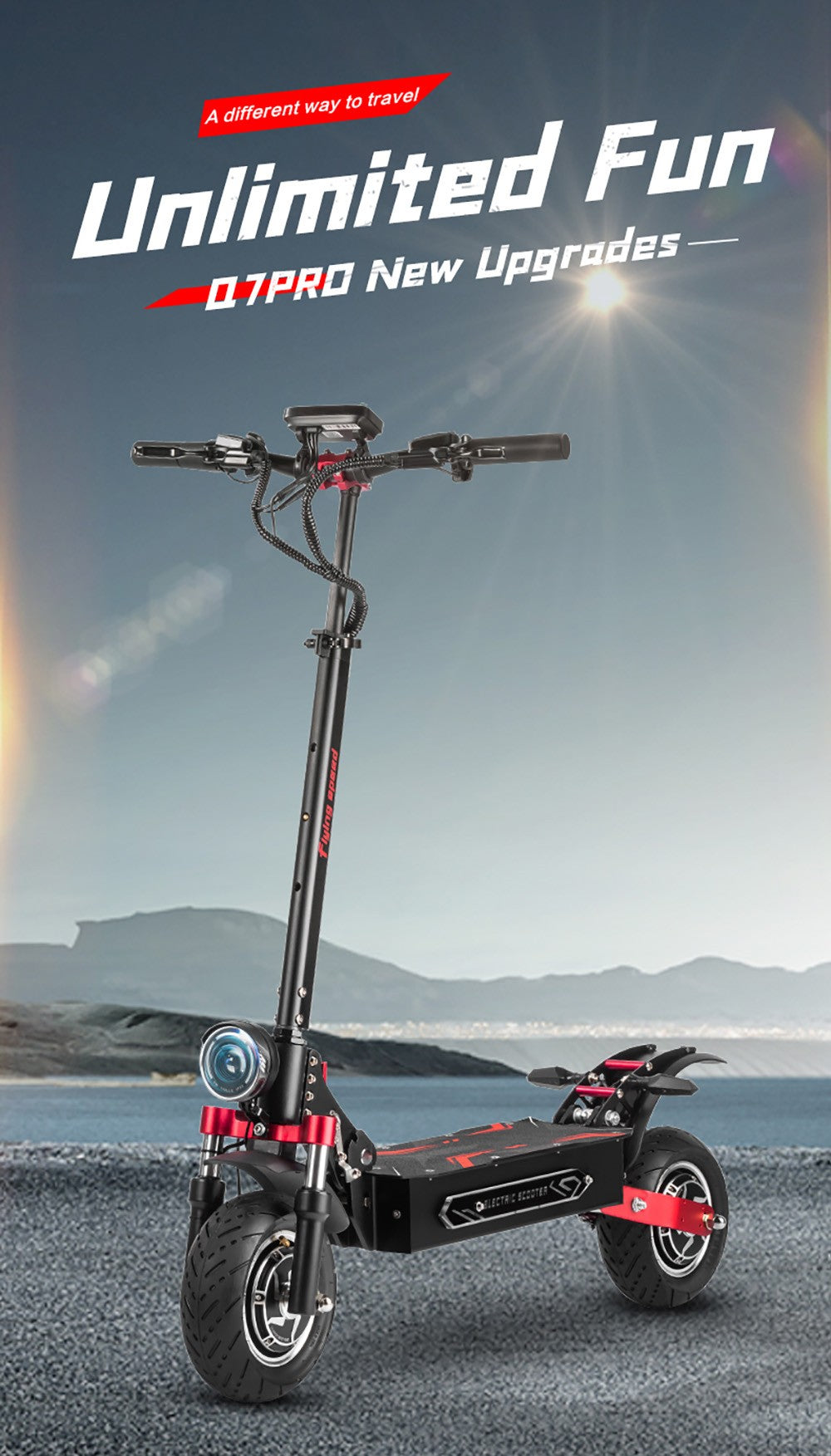 Elektrická koloběžka BOYUEDA Q7 Pro Max, motor 1600 W*2, baterie 52 V 28 Ah, pneumatiky 10 palců, maximální rychlost 70 km/h, dojezd 110 km, dvojité hydraulické kotoučové brzdy, přední hydraulický tlumič a zadní pružinový tlumič, LCD displej